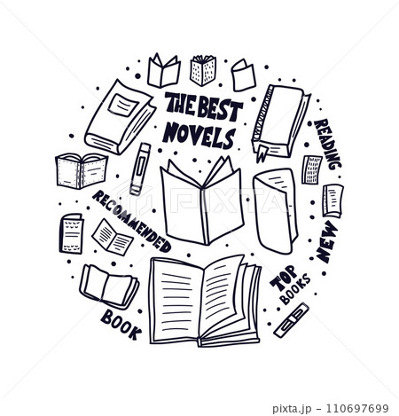 Books in doodle style. Round badge with symbols of reading and hand drawn texts. Vector black and white design illustration in retro style. 110697699