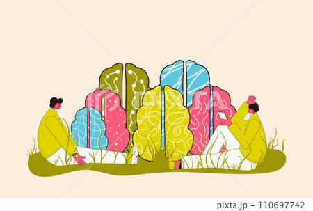Sad friends sitting near different brains. Neurodiversity symbol. ADHD and autistic characters. Brainstorming, creative thinking. Human minds metaphor. Vector illustration 110697742