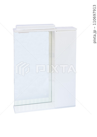 Beautiful white mirror on a white background. White mirror in the kitchen or to the bathroom. Beautiful design in the house. Beautiful white mirror on a white background. White mirror in the kitchen or to the bathroom. Beautiful design in the house. 110697913
