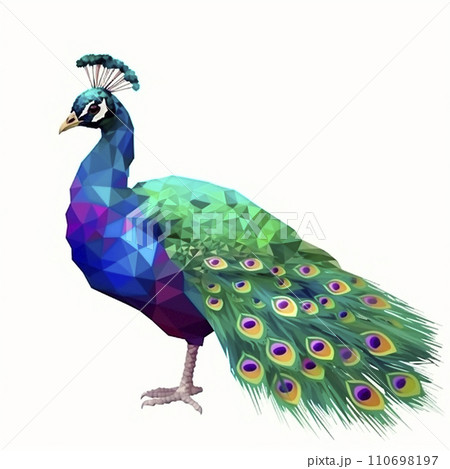 Beautiful turquoise peacock bird, portrait, polygonal illustration on white Beautiful turquoise peacock bird, portrait, polygonal illustration on white 110698197