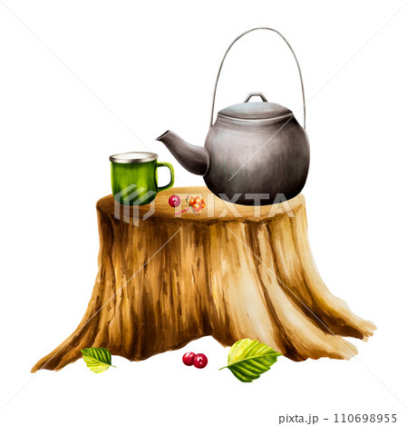 Marker isolated illustration of kettle, in wooden stump, green cup, cranberry and cowberry. Watercolor style. Forest equipment for recreation tourism and adverture on white background. Clip art for 110698955