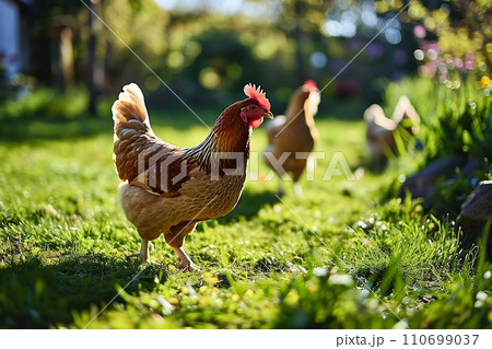 Free range chicken on green grass. 110699037
