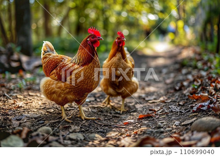 Chickens are walking on the ground in the garden. Chickens are walking on the ground in the garden. 110699040