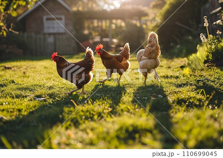 Chickens on green grass in the sun at sunset. Chickens on green grass in the sun at sunset. 110699045