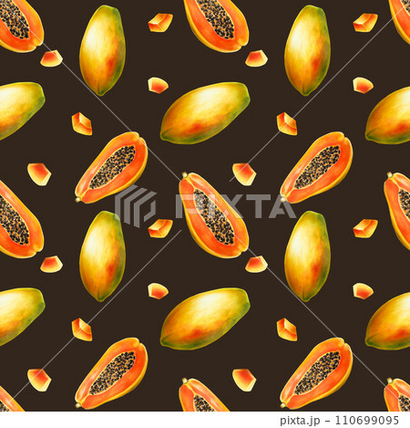 Watercolor sweet ripe seamless pattern with half a papaya and grains. Hand drawn realistic tasty organic illustration of exotic tropical fruit isolated on background. For designers, wedding Watercolor sweet ripe seamless pattern with half a papaya and grains. Hand drawn realistic tasty organic illustration of exotic tropical fruit isolated on background. For designers, wedding 110699095