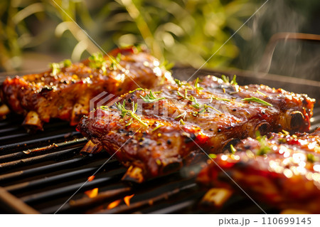 Ribs grilled with BBQ sauce and caramelized in honey. Generative AI 110699145