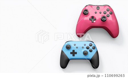Realistic colorful video game joysticks or gamepads with color buttons on white Realistic colorful video game joysticks or gamepads with color buttons on white 110699263