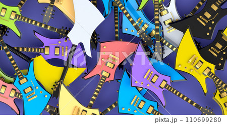 Heap of electric guitars isolated on violet background. Heap of electric guitars isolated on violet background. 110699280