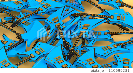 Heap of electric guitars isolated on yellow background. 110699281