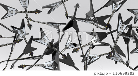 Many of flying acoustic guitars isolated on white background. 110699282