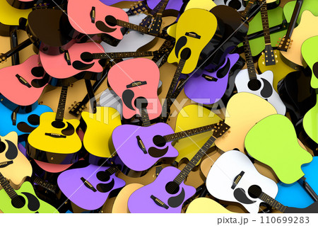 Heap of flying acoustic guitars isolated on white background. 110699283