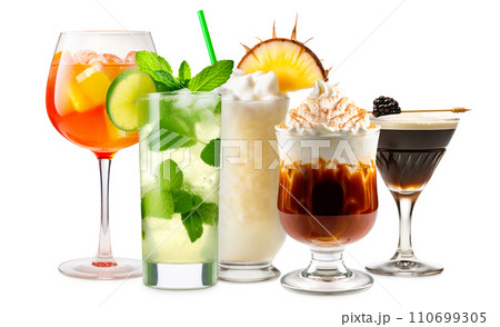 Set and collection of classic alcohol cocktails or mocktail isolated on white background with fresh summer fruits Set and collection of classic alcohol cocktails or mocktail isolated on white background with fresh summer fruits 110699305