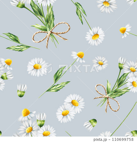Watercolor seamless pattern with white daisy flowers illustration isolated on white background. Chamomile. Detail of beauty products and botany set, cosmetology and medicine. For designers, spa 110699758