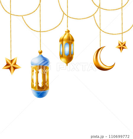 Watercolor Islamic arabian frame with golden crescent moon, stars and lanterns on a gold chains illustration isolated on white background. Muslim hand drawn holiday Ramadan Kareem or Eid Al Adha 2024 Watercolor Islamic arabian frame with golden crescent moon, stars and lanterns on a gold chains illustration isolated on white background. Muslim hand drawn holiday Ramadan Kareem or Eid Al Adha 2024 110699772
