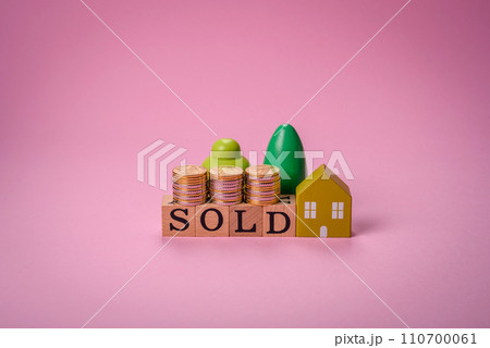 A small wooden house and the inscription sold. Concept for sale, rental of real estate for a family A small wooden house and the inscription sold. Concept for sale, rental of real estate for a family 110700061
