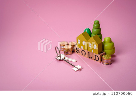 A small wooden house and the inscription sold. Concept for sale, rental of real estate for a family 110700066