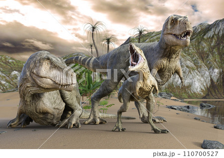 ティラノサウルスの親子が水飲み場に来ている 110700527