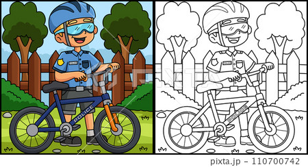 Police Officer with a Bike Coloring Illustration Police Officer with a Bike Coloring Illustration 110700742