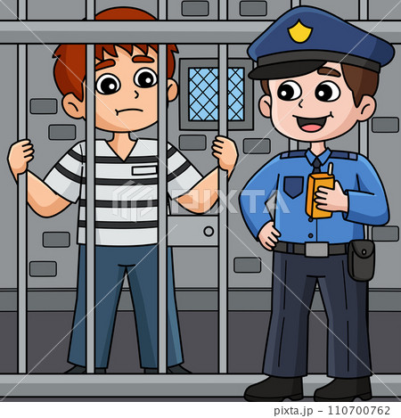 Police Man and Prisoner Colored Cartoon  110700762