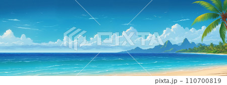Serene beachscape: clouds, palm trees, and ocean 110700819
