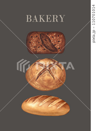 Fresh baked bread of sourdough. Homemade wheat bread, loaf and bun. Watercolor hand drawn illustration, isolated on grey background. Food menu concept is for a bakery or cafe. Fresh baked bread of sourdough. Homemade wheat bread, loaf and bun. Watercolor hand drawn illustration, isolated on grey background. Food menu concept is for a bakery or cafe. 110701014