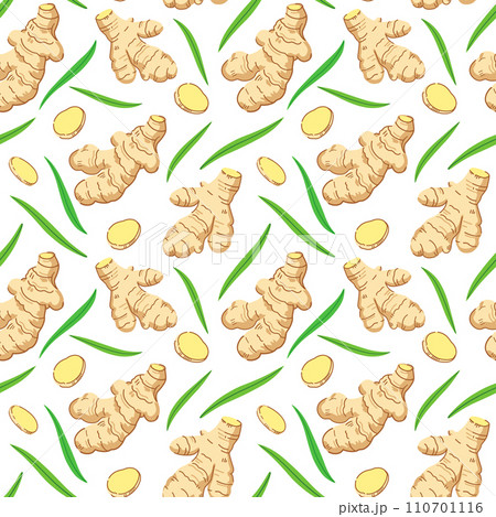 Seamless pattern with ginger roots, slices and leaves. Vector illustration. 110701116