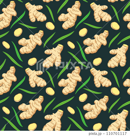 Seamless pattern with ginger roots, slices and leaves. Vector illustration. 110701117