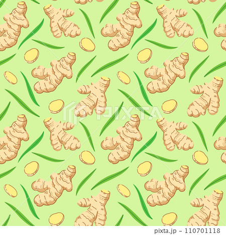 Seamless pattern with ginger roots, slices and leaves. Vector illustration. 110701118