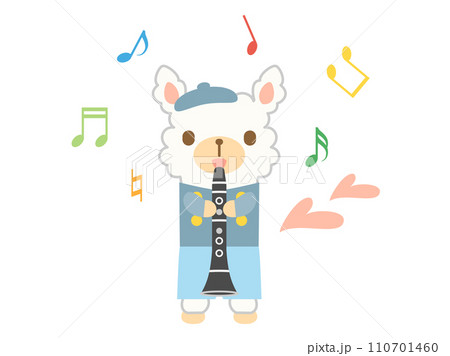 クラリネットを吹くアルパカのイラスト　音符ありバージョン 110701460