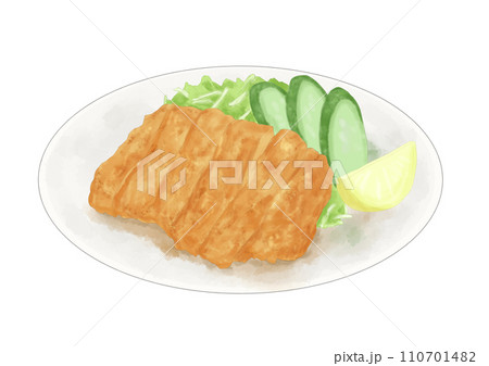 皿に盛りつけられたトンカツ（手描き） 110701482