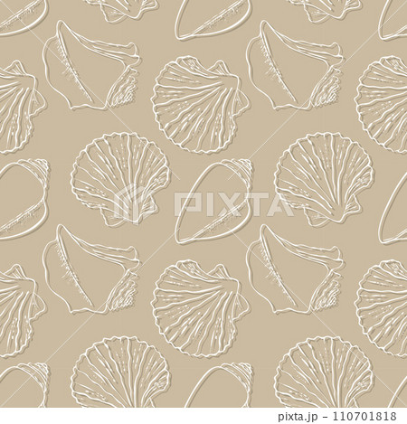 Sea ocean pattern with seashells on the sand beach, beige background. 110701818