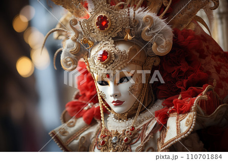 Elegant Person in Vibrant Carnival Costume and Mask at Venice Festival Elegant Person in Vibrant Carnival Costume and Mask at Venice Festival 110701884