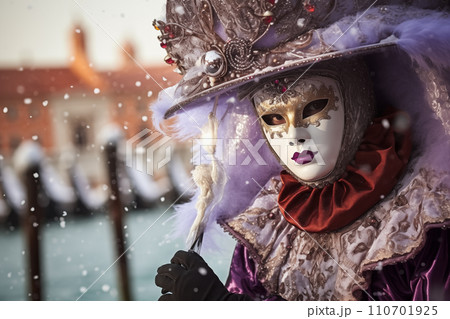 Elegant Person in Vibrant Carnival Costume and Mask at Venice Festival Elegant Person in Vibrant Carnival Costume and Mask at Venice Festival 110701925