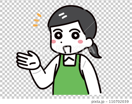 笑顔で紹介している緑エプロンの女性店員 110702039