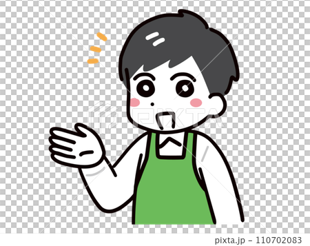 笑顔で紹介している緑エプロンの男性店員 笑顔で紹介している緑エプロンの男性店員 110702083