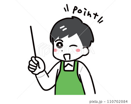 笑顔で指示棒を持つ緑エプロンの男性店員 110702084