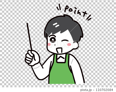 笑顔で指示棒を持つ緑エプロンの男性店員 110702084