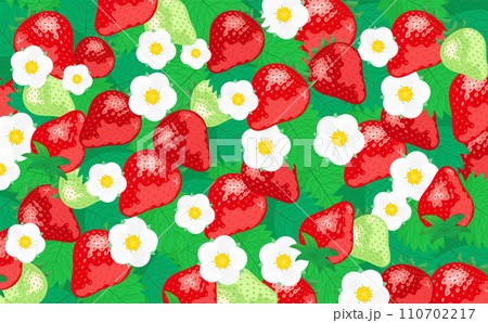 いちご(苺)やイチゴの花が描かれたかわいい柄のベクター背景素材 110702217