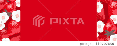 いちご(苺)やイチゴの花が描かれたコピースペースのある背景フレームの春素材_赤 110702630