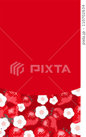 いちご(苺)やイチゴの花が描かれたコピースペースのある背景フレームの春素材_赤 110702634