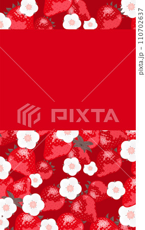 いちご(苺)やイチゴの花が描かれたコピースペースのある背景フレームの春素材_赤 110702637