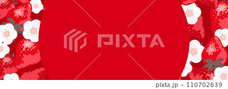 いちご(苺)やイチゴの花が描かれたコピースペースのある背景フレームの春素材_赤 110702639