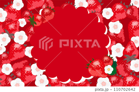 いちご(苺)やイチゴの花が描かれたコピースペースのある背景フレームの春素材_赤 110702642