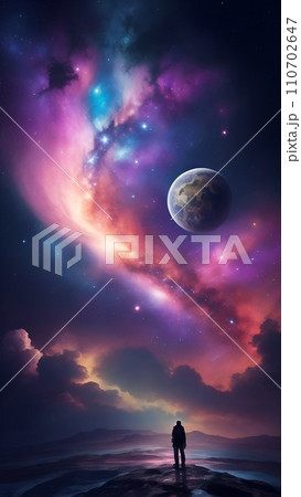 朝焼けや夕焼け時間の大地と宇宙的な空の風景 朝焼けや夕焼け時間の大地と宇宙的な空の風景 110702647