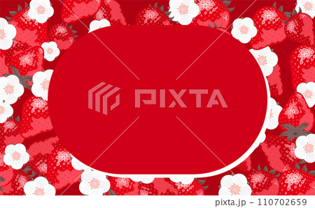 いちご(苺)やイチゴの花が描かれたコピースペースのある背景フレームの春素材_赤 110702659