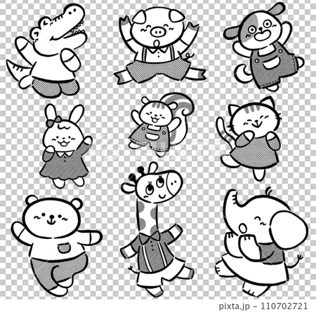 可愛的動物人物手繪插畫素材集線描 110702721