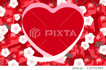 いちご(苺)やイチゴの花が描かれたコピースペースのある背景フレームの春素材_赤 110702904