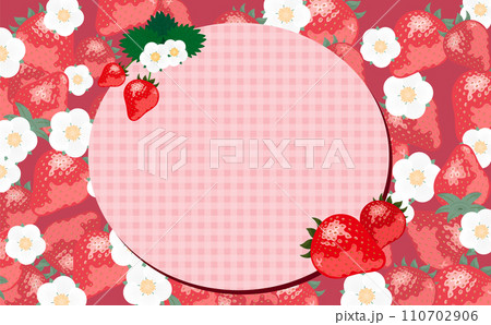いちご(苺)やイチゴの花が描かれたコピースペースのある背景フレームの春素材_赤 110702906