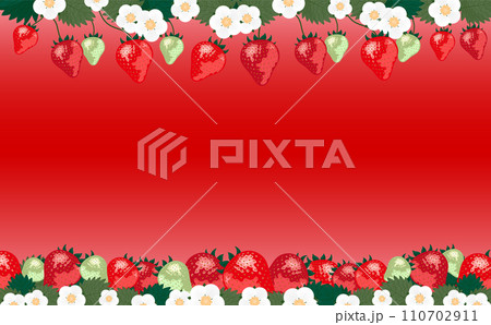 いちごやイチゴの花や苺の葉が描かれたコピースペースのある背景フレームの春素材 110702911