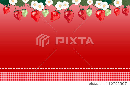 いちごフェアに最適ないちごやイチゴの花や苺の葉が描かれたコピースペースのある背景フレームの春素材 110703307